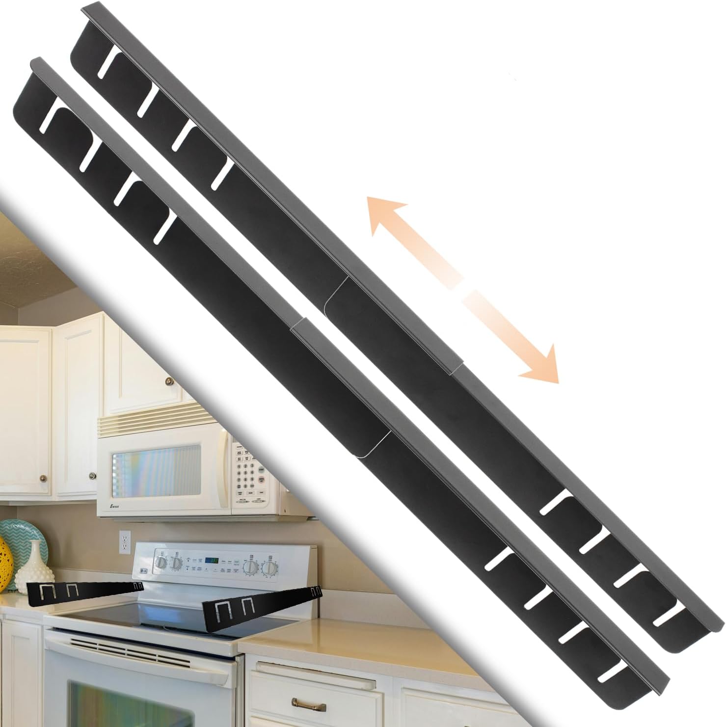Stove Side Gap Cover – Adjustable Stainless Steel Countertop Gap Filler with End-Only Clips (No Overlap) – Heat-Resistant, Easy to Clean, Black Finish (2 Pieces)