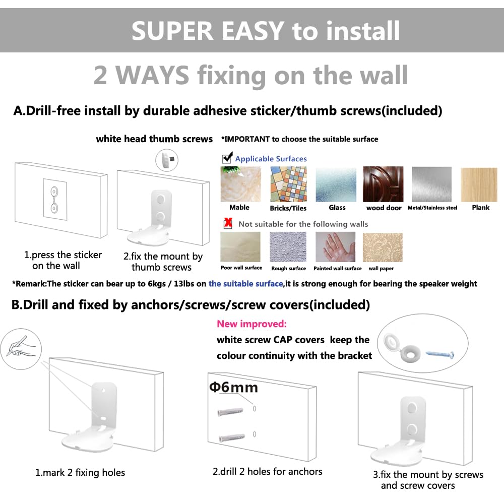 Supports muraux pour Sonos Roam 2/Sonos Roam/Sonos Roam SL (comprend 2 pièces, sans perçage, métal robuste, finition peinture durable, facile à installer, blanc)