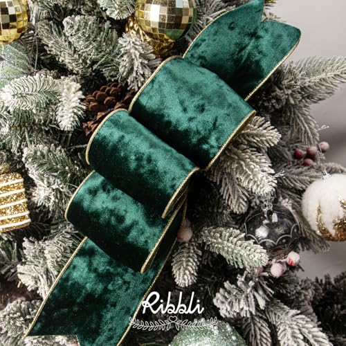 Image of Ribbli Forest Green Velvet Wired Ribbon 4 Inch Metallic Green Gold Crushed Velvet Christmas Ribbon for Gift Wrapping Christmas Tree Decoration Crafts Wreaths Supplies-Continuous 10 Yards