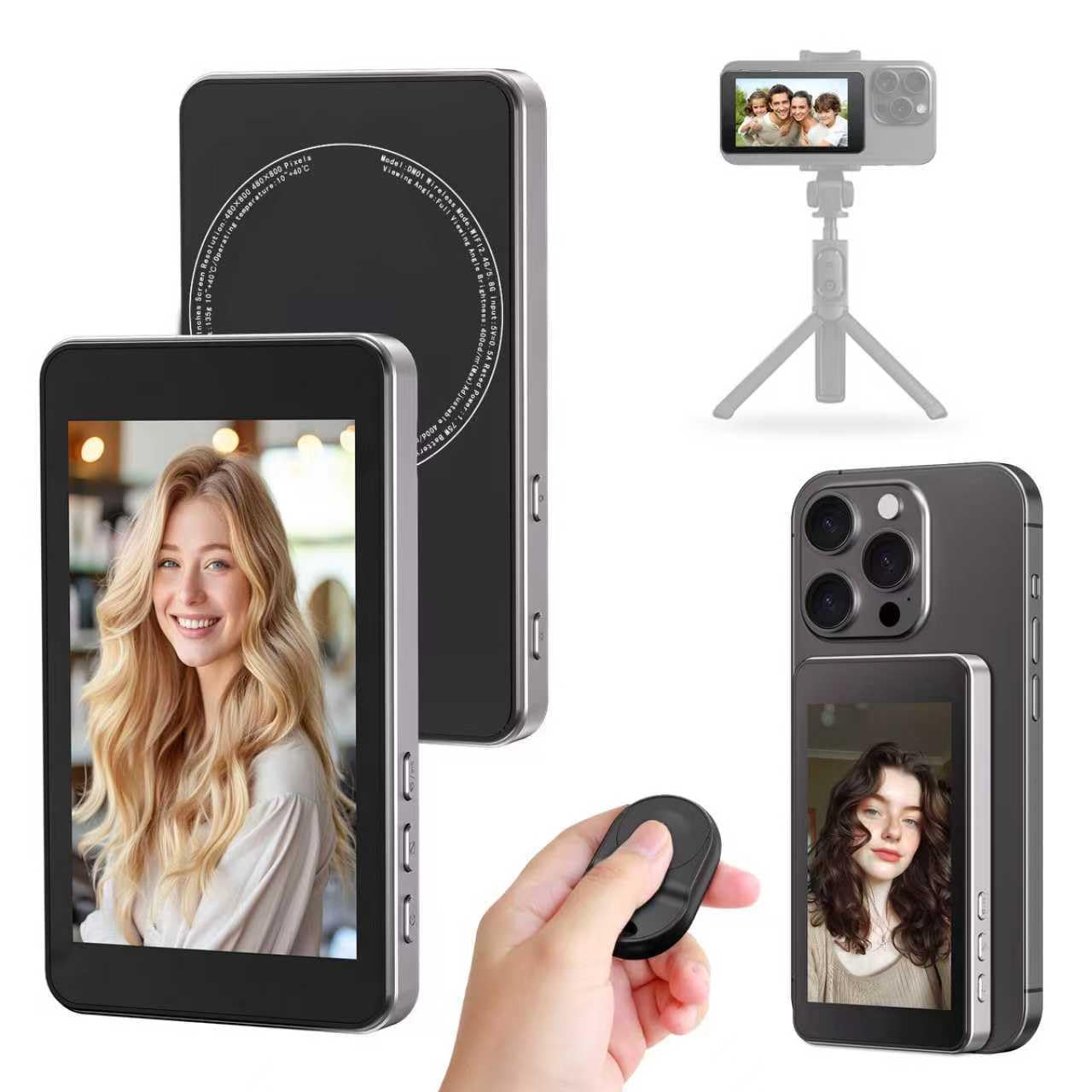 Vlog Selfie Monitor Schermo, Monitor Magnetico Telefono 4K 60fps con Telecomando Bluetooth, Monitor Fotocamera Posteriore per Live Stream TikTok, Compatibile con iPhone e Android