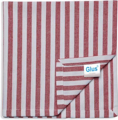 Image of Cotton Mercerised Dining Table Napkins, Set of 4, Solid Plain Colour, Heavy Weight,More Than 2 cm Mitered Hem,Washable at 40C (Red Stripe, 45 X 45 Cms)