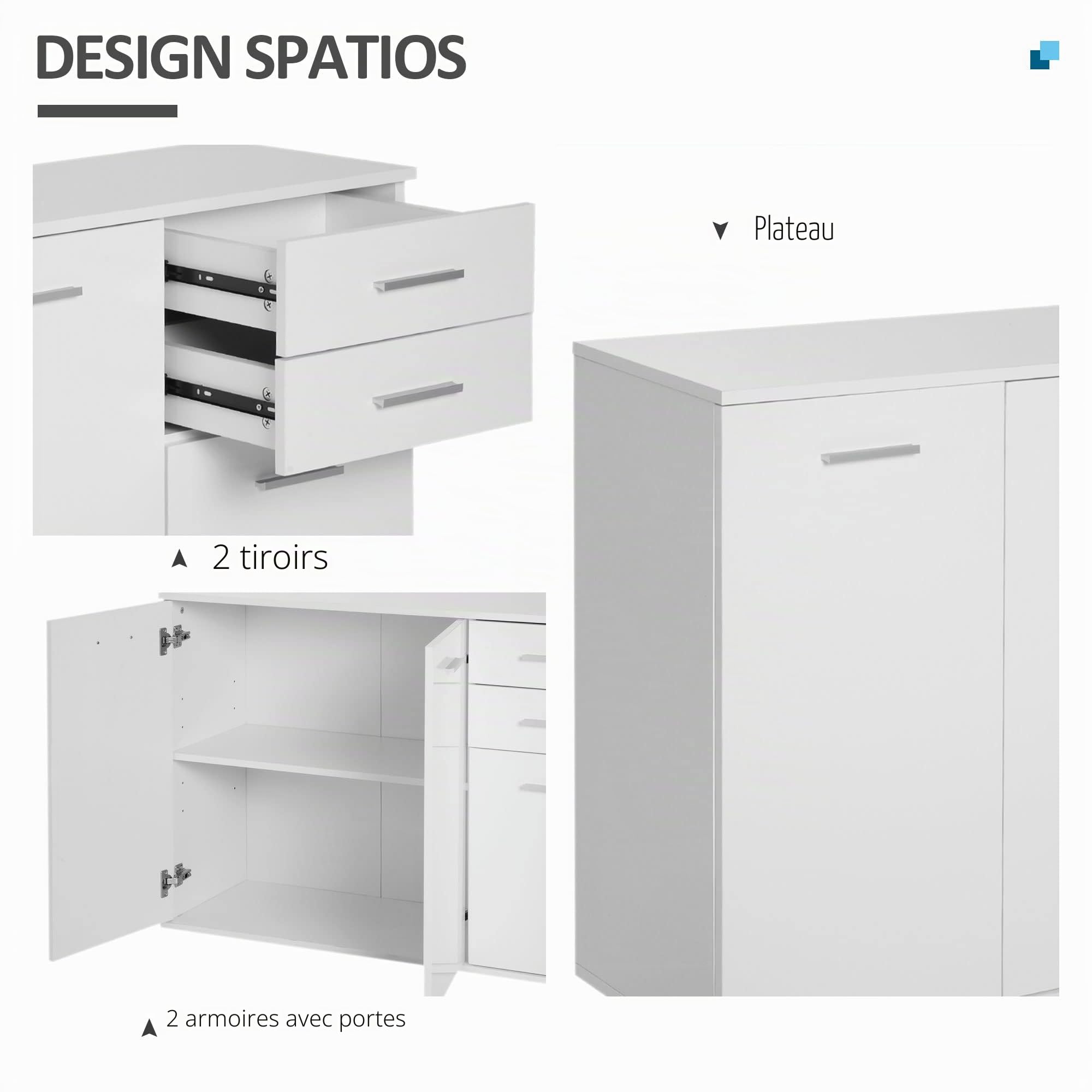 HOMCOM Buffet Salon Haut Brillance 106 x 35 x 76 cm Blanc | Meuble de Rangement, 2 Tiroirs, 3 Portes, Étagère Réglable, Style Contemporain, Buffet Salle à Manger et Cuisine