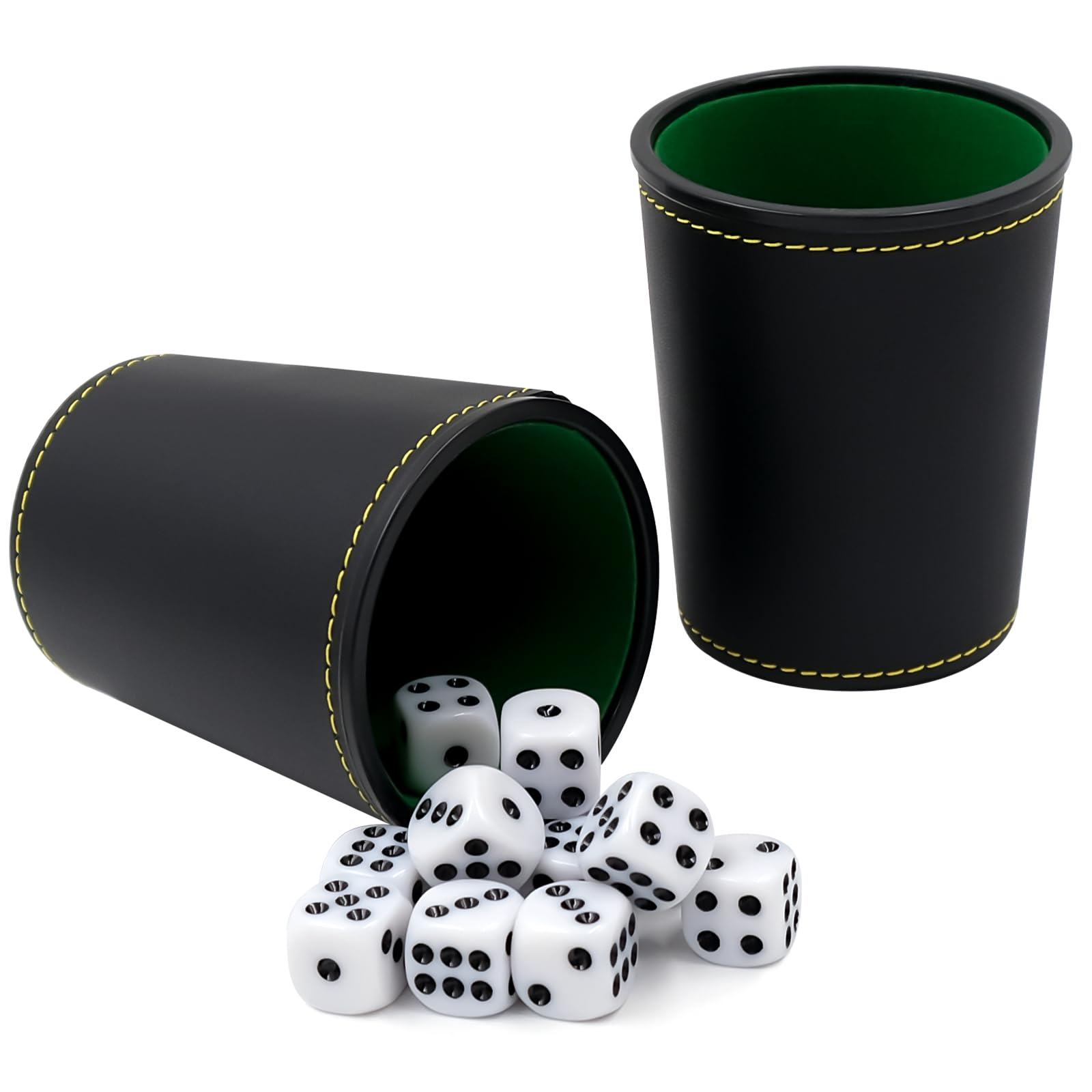 Dice Cup PU Leatherette, Velvet Lined Quiet Shaker, Includes 6 Dice, for Liar's Dice, Farkle and Yahtzee, Board Games for Home, Pub and Travel