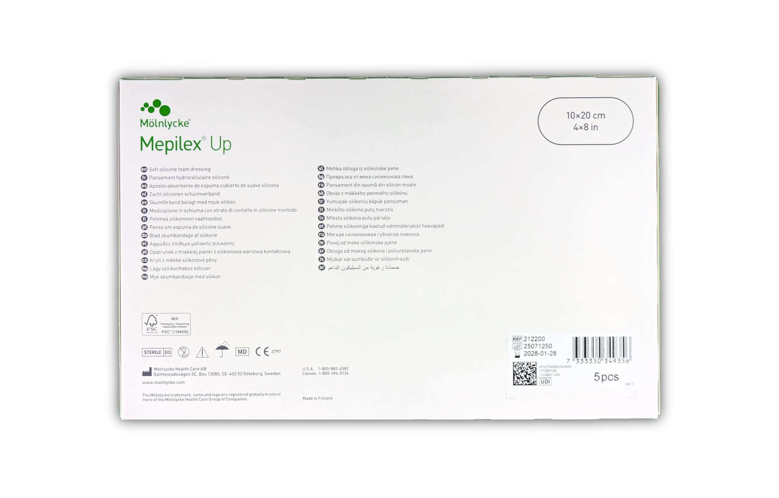 Mölnlycke, Mepilex Up 10cm x 20cm, Soft Silicone Foam Dressing