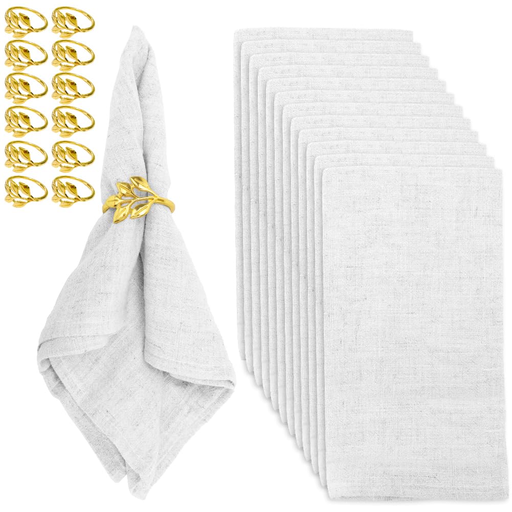 Stoffservietten, Weihnachten Leinenservietten, 24er Pack Set (12 Stück Baumwoll Servietten + 12 Stück Serviettenringe) für täglichen Gebrauch/Küche/Zuhause/Party/Hochzeiten 40x40cm