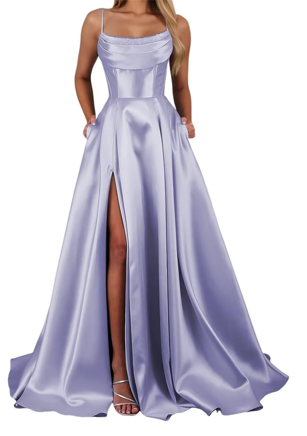 Yiann Women's Lavender Prom Dresses For Spaghetti Strap Satin Formal Wedding Guest Dress Long Ball Gown Uk10