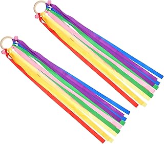 TOYANDONA 2 Peças Fita De Arco-Íris Sinos Anel De Dança Fita De Brinquedo Fitas De Dança Flâmulas De Dança Com Haste Fita De Dança Waldorf Mão Kite DIY Mão Kite Anel De Madeira Poliéster