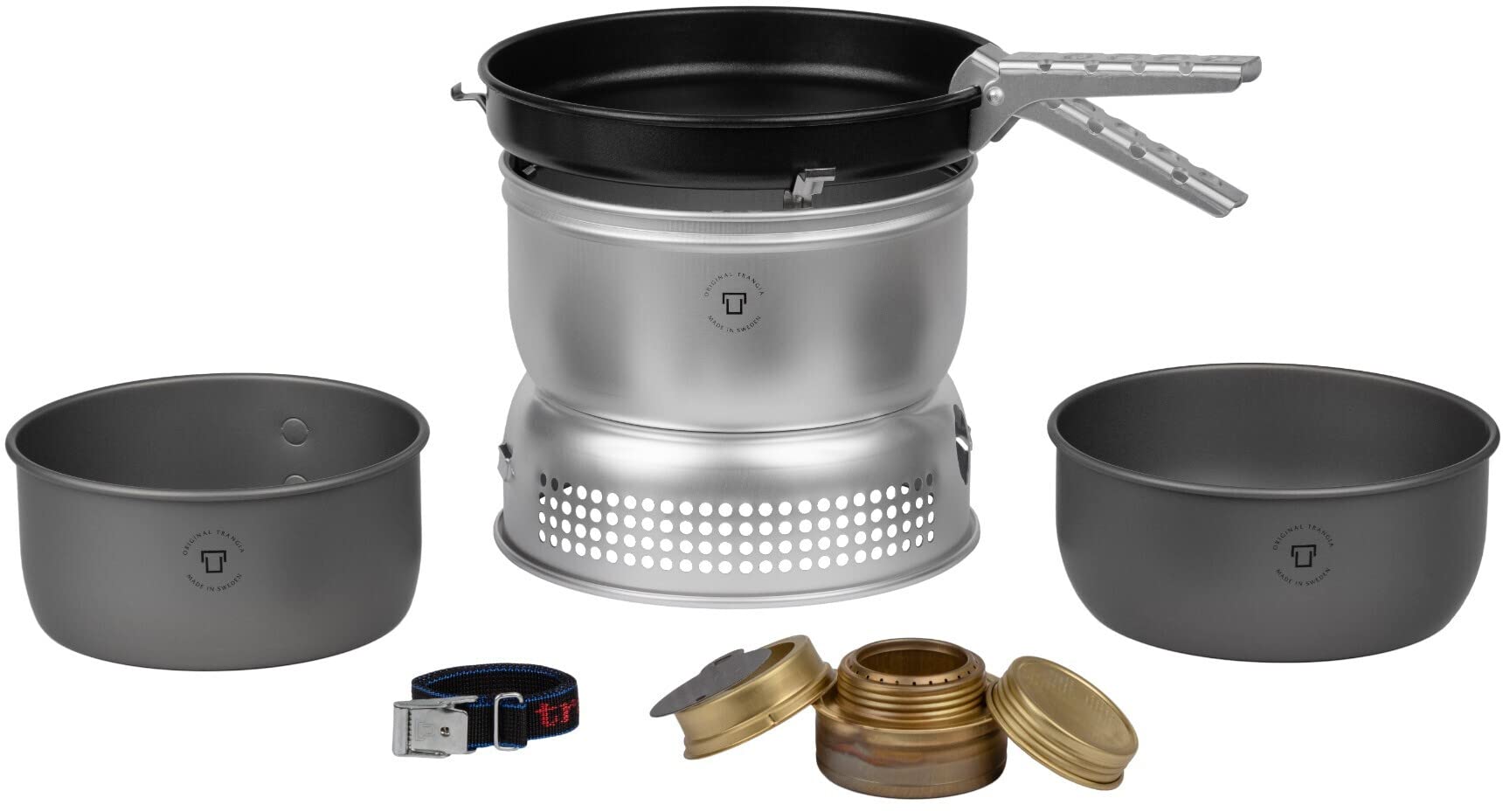 Trangia25-9 Ultralight Hard Anodized Camping Cookset | Includes: Alcohol Stove, 2 HA Pots, Non-Stick Frypan, Upper & Lower Windshield, Pot Gripper, & Strap