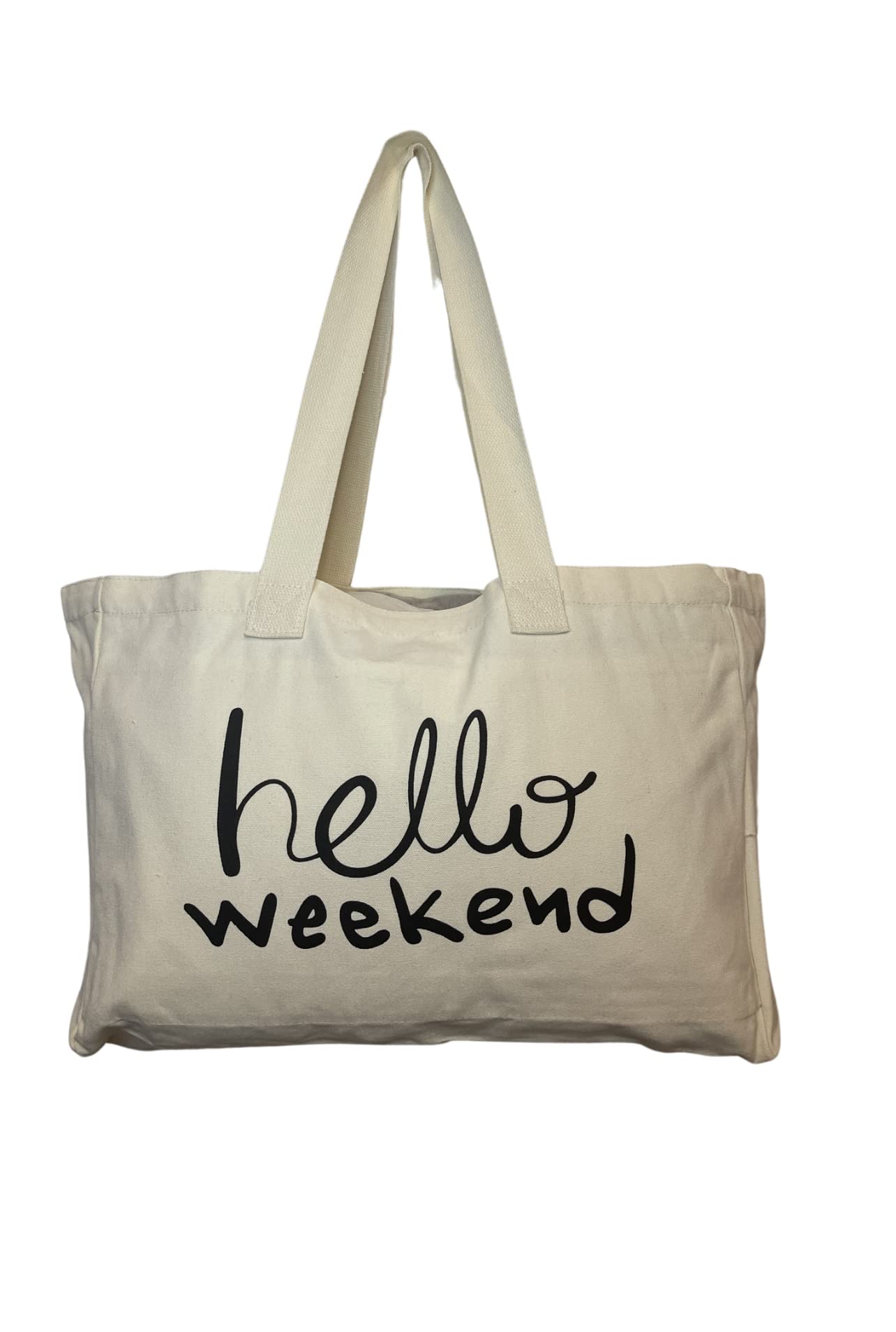 Hello Weekend - Beach bag with 5 compartment, shopping bag,Washable, XL size 48 * 35 * 12, Organic Natural 12OZ Canva fabric