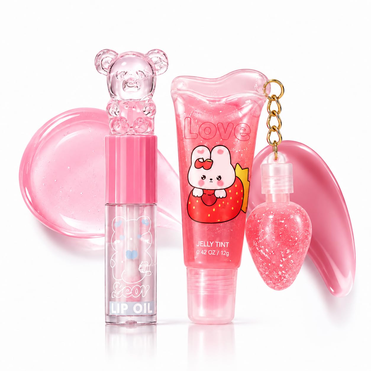 Viral Korean Lipgloss Crystal Glaze Set of 2 | Teddy Bear Design Strawberry Keychain High Shine Hydrating Gloss | Non-Sticky Glossy | Long Lasting Moisturizing for Women & Girls | Natural Pink, Coral & Red Shades-image-49