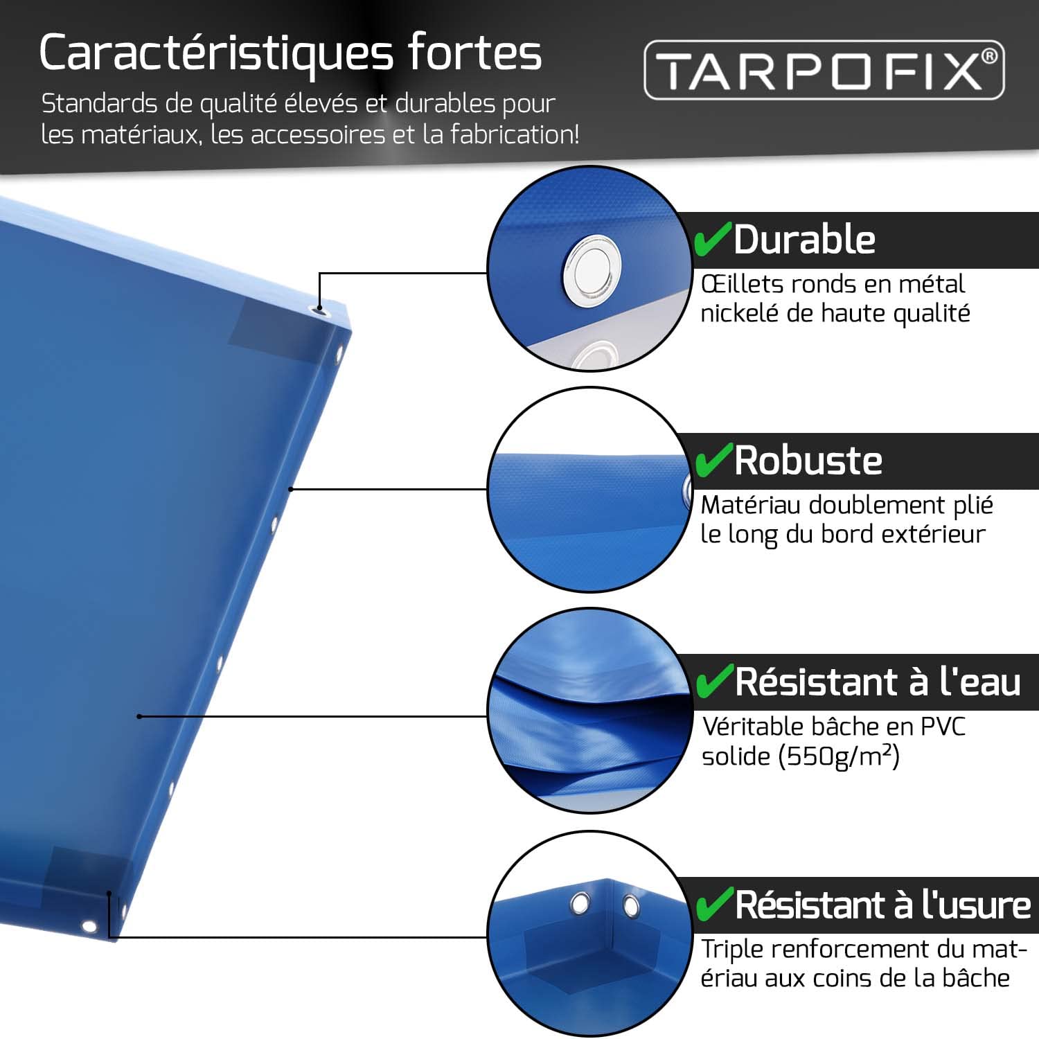 Tarpofix® Bâche pour remorque Plate 209 x 134 x 7,5 cm + 2X Arceau de bâche (réglable 100-145 cm) - Bache remorque PVC - Bâche de Couverture pour diverses remorques de Voitures de 750kg