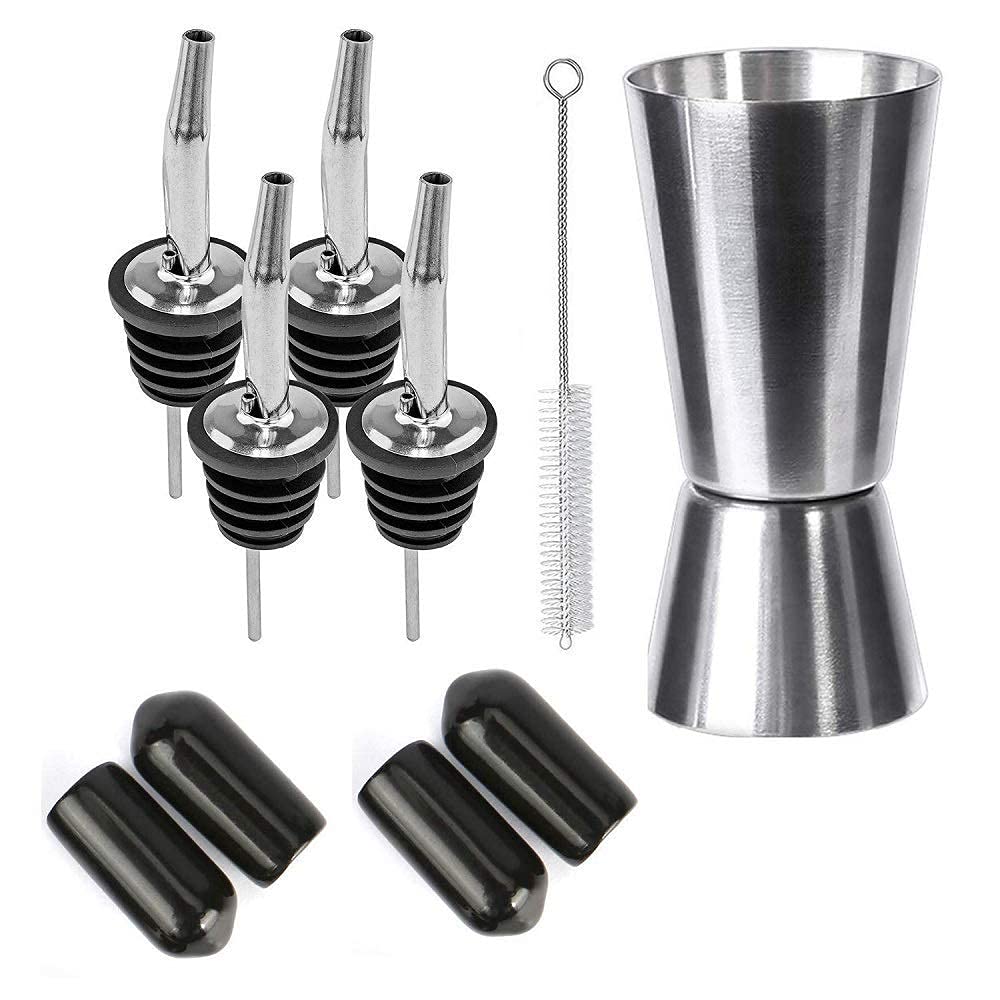 Rudra Exports Metal Bottle Pourers for Syrup Wine Olive Oil, Pouring Spouts for Liquor for Bar - Pack of 4 (with Black PVC Caps) + 1 PC Peg Measure + 1 Cleaning Brush-image-30