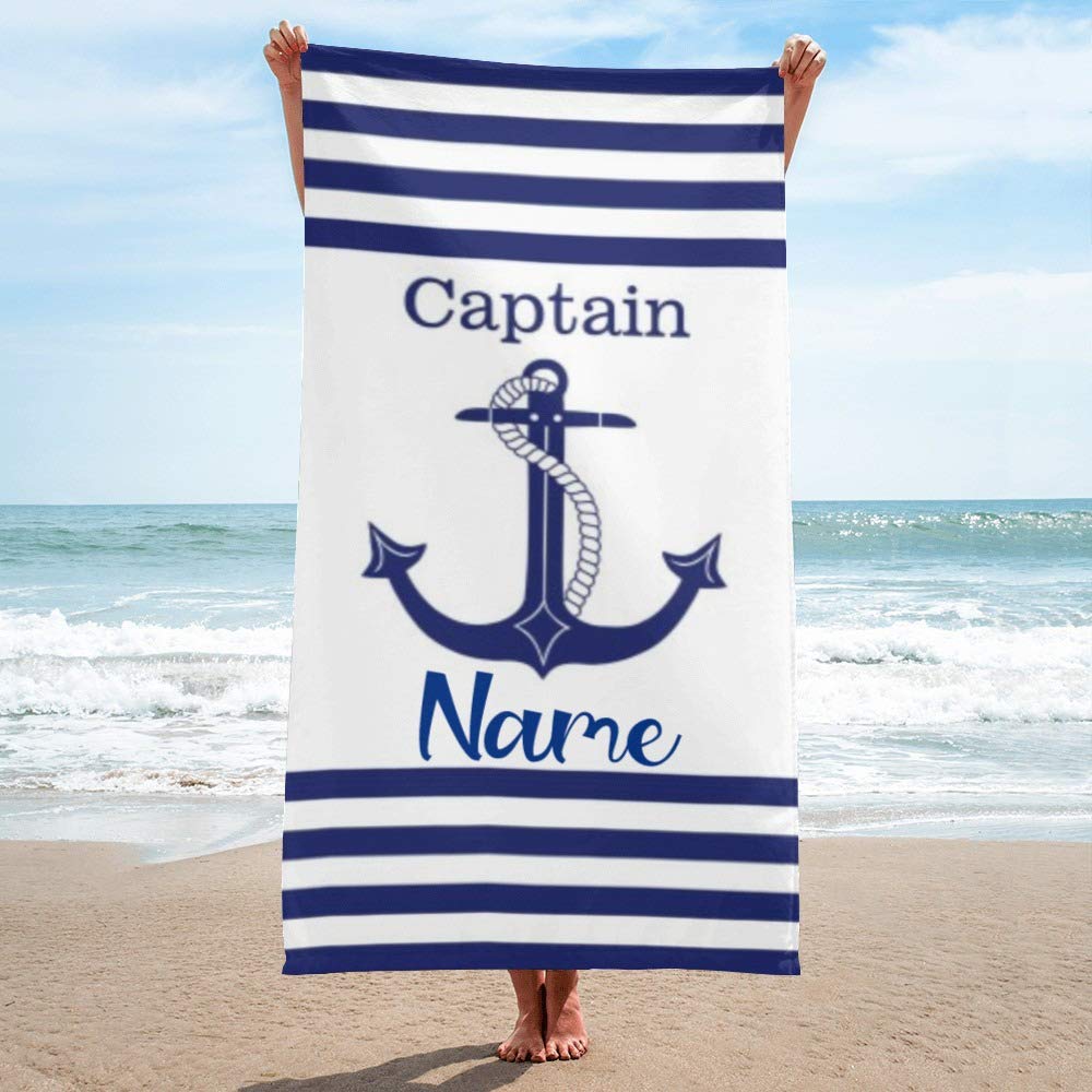CUXWEOT Custom Microfiber Beach Towel Mat with Name Personalzied Captain Nautical Anchor Quick Dry Absorbent Bath Towels Blanket Tapestry for Travel Swim Yoga Boys Girls Women Men