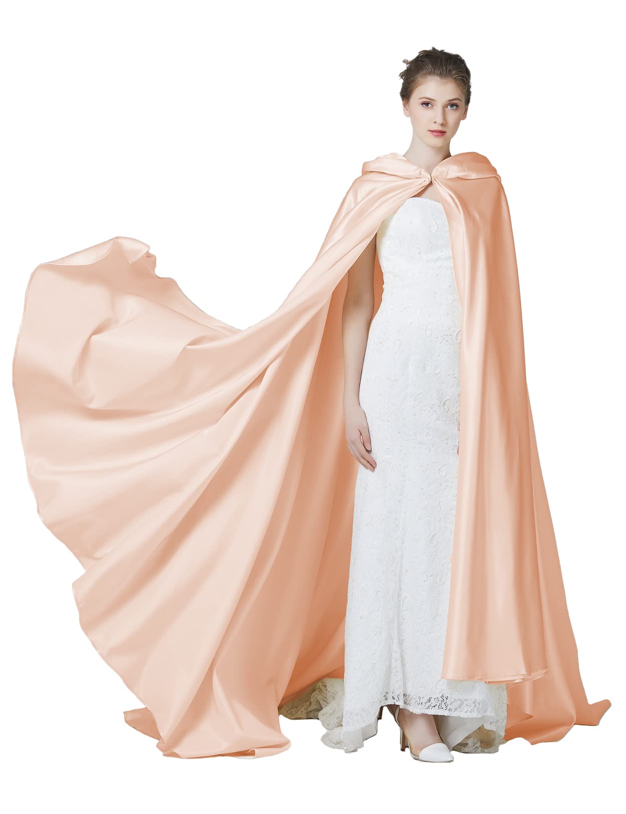 BAEAUTEICATE Wedding Cloak Cape with Hood Long Satin Poncho for Women Bride Maxi Unisex Medieval Coat Halloween Christmas Coaplay Costume Full Length (One Size, Long Trailing - Rose Gold)