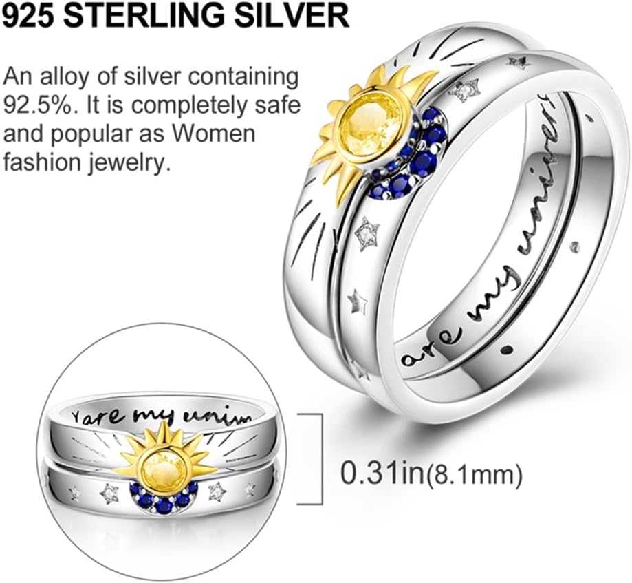 925 Sterling Silver Ring Moon Star Ring as Gifts for Women Colorful Cubic Zirconia Crown Rings Stackable Vintage Set Size 6-9 - Image 5