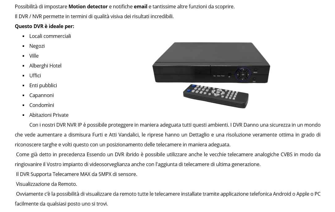 RVT-AHD26104 DVR NVR 4 Canali CH 3.0 MP / 1080P 5 IN 1 PER SISTEMI DI VIDEOSORVEGLIANZA 12 CANALI IN MODALITA' NVR