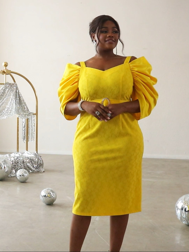 AOMEI Women's Yellow Lace Pencil Dress Short Pile Up Sleeves Slim