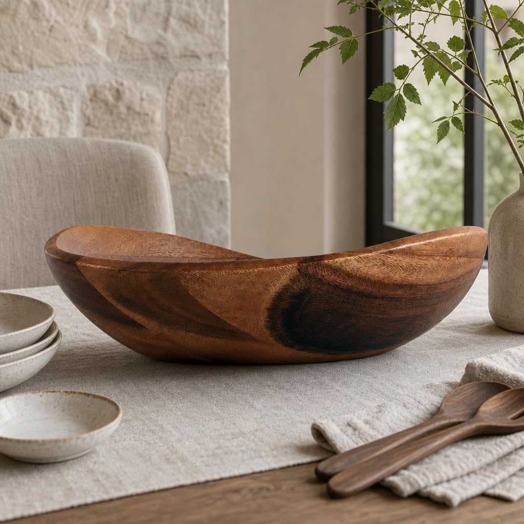 Arthur Court Cuenco de madera para servir ensalada de acacia para frutas o ensaladas – Tazón moderno de centro – Tallado a mano de una pieza de madera