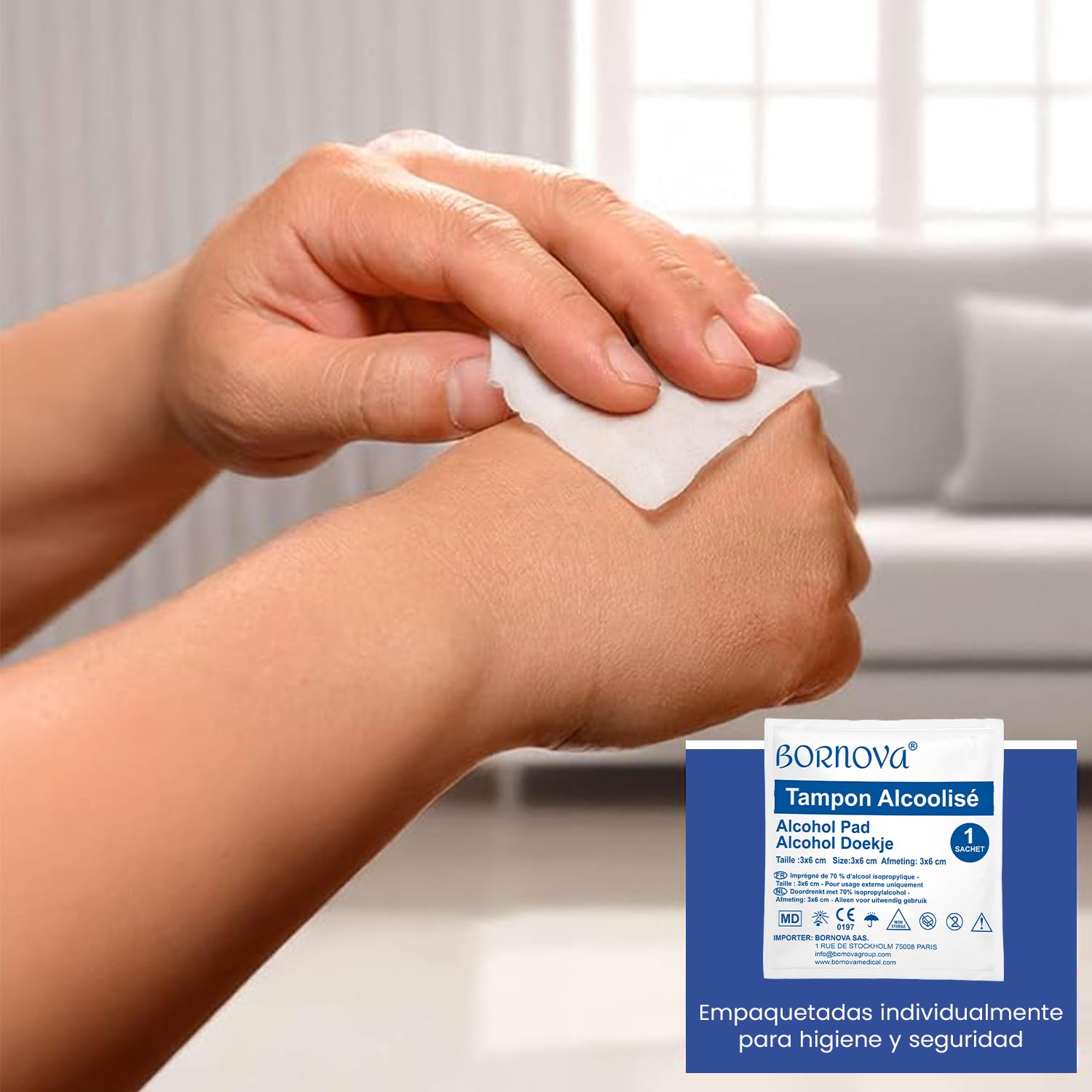 1000 UDS – Toallitas impregnadas – 3x6 cm para limpieza de la piel y objetos – Uso único – BORNOVA