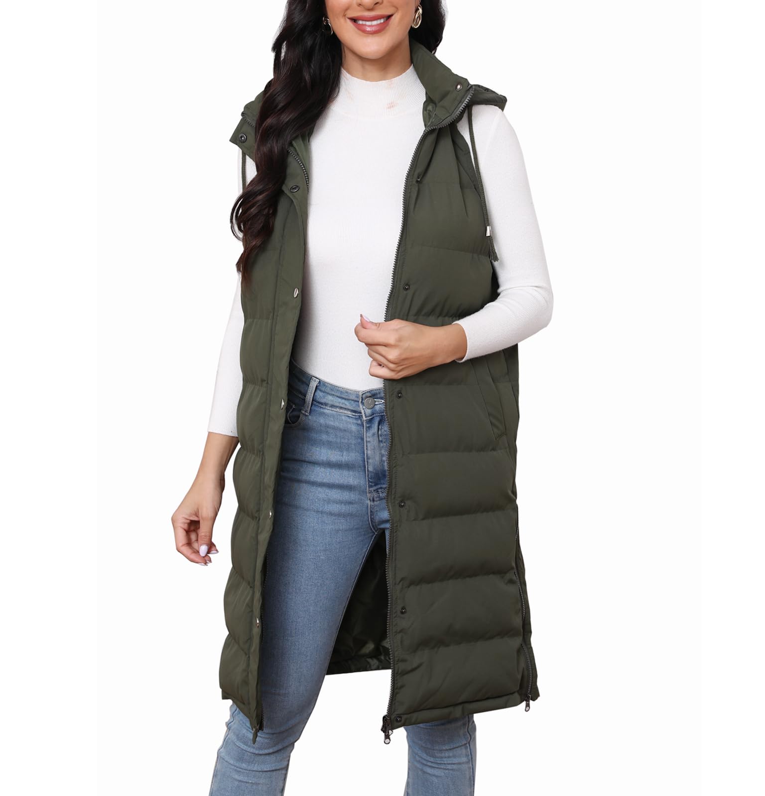 Ciguo Long Vest for Women Sleeveless Winter Long Puffer Vest Lightweight Warm Zip Up Hooded Jacket