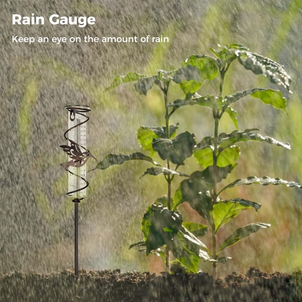 Regenmesser mit Kolibri, Glasrohr Regenmesser für den Außenbereich, Gartendeko für Garten, Hof, Terrasse, Rasen und Wege, aus Eisen und Glas, zur Messung von Niederschlag