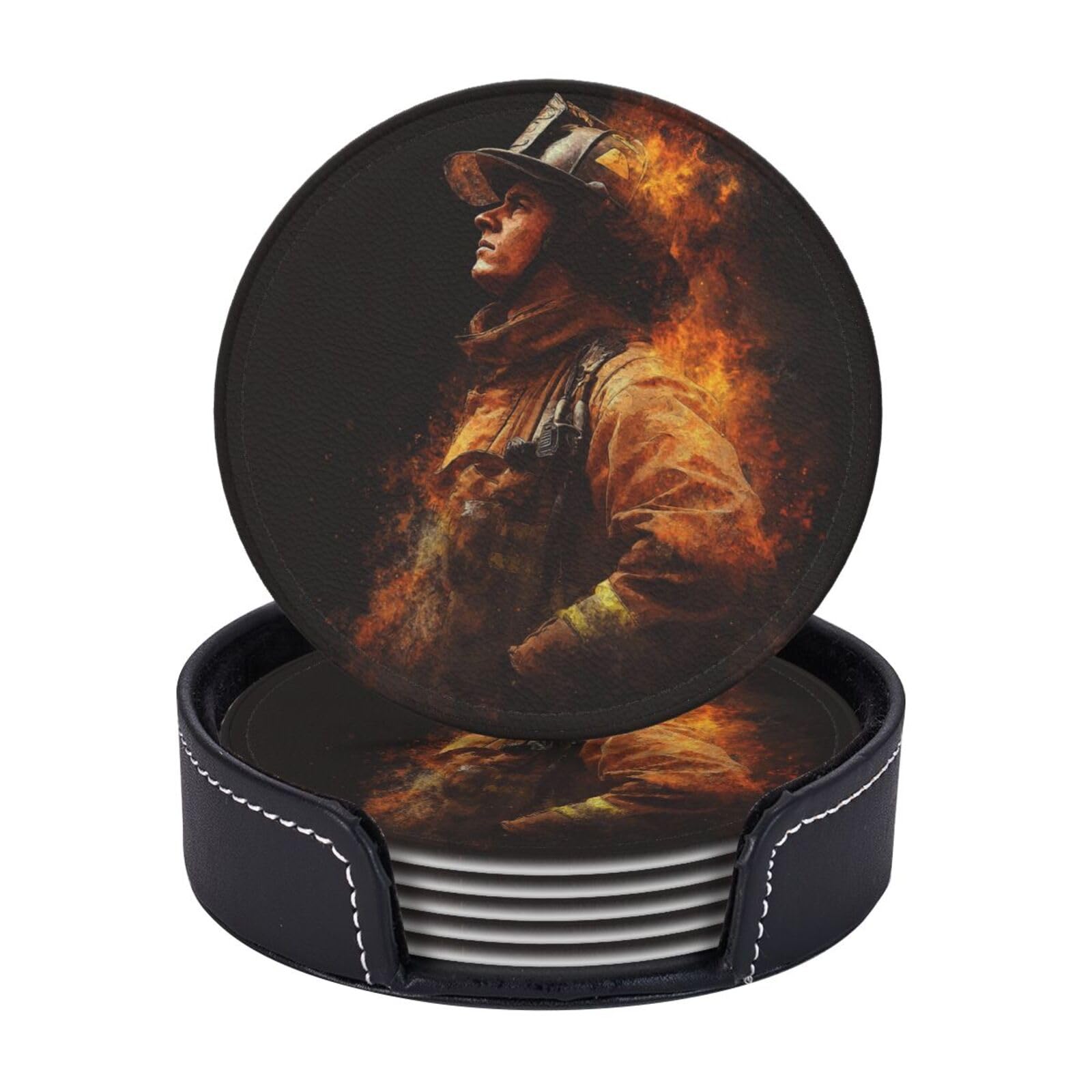 Drink Coasters Set of 6 Coffee Leather Coaster with Holder Firefighter Fireman Flame Coasters for Drinks Coffee Cup Mat Heat Resistant Tabletop Protection Coaster Desk Accessorie Home Decorative