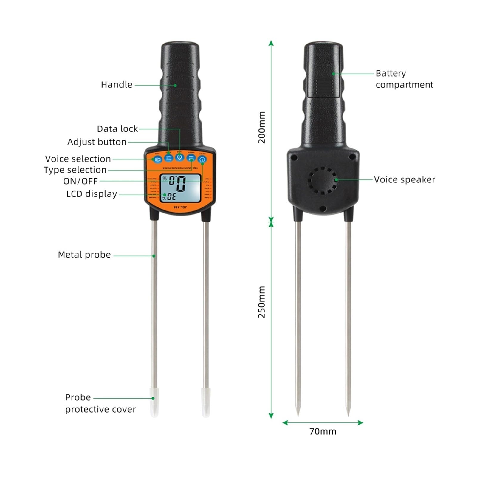 Feuchtigkeitsmesser, Digitales Getreidefeuchtigkeitsmessgerät, 0,1 % hochpräziser Tester for Getreidefutter, Baumwolle, Sojabohnen, Lagertemperatur, Wassergehalt für Garten, Bauernhof