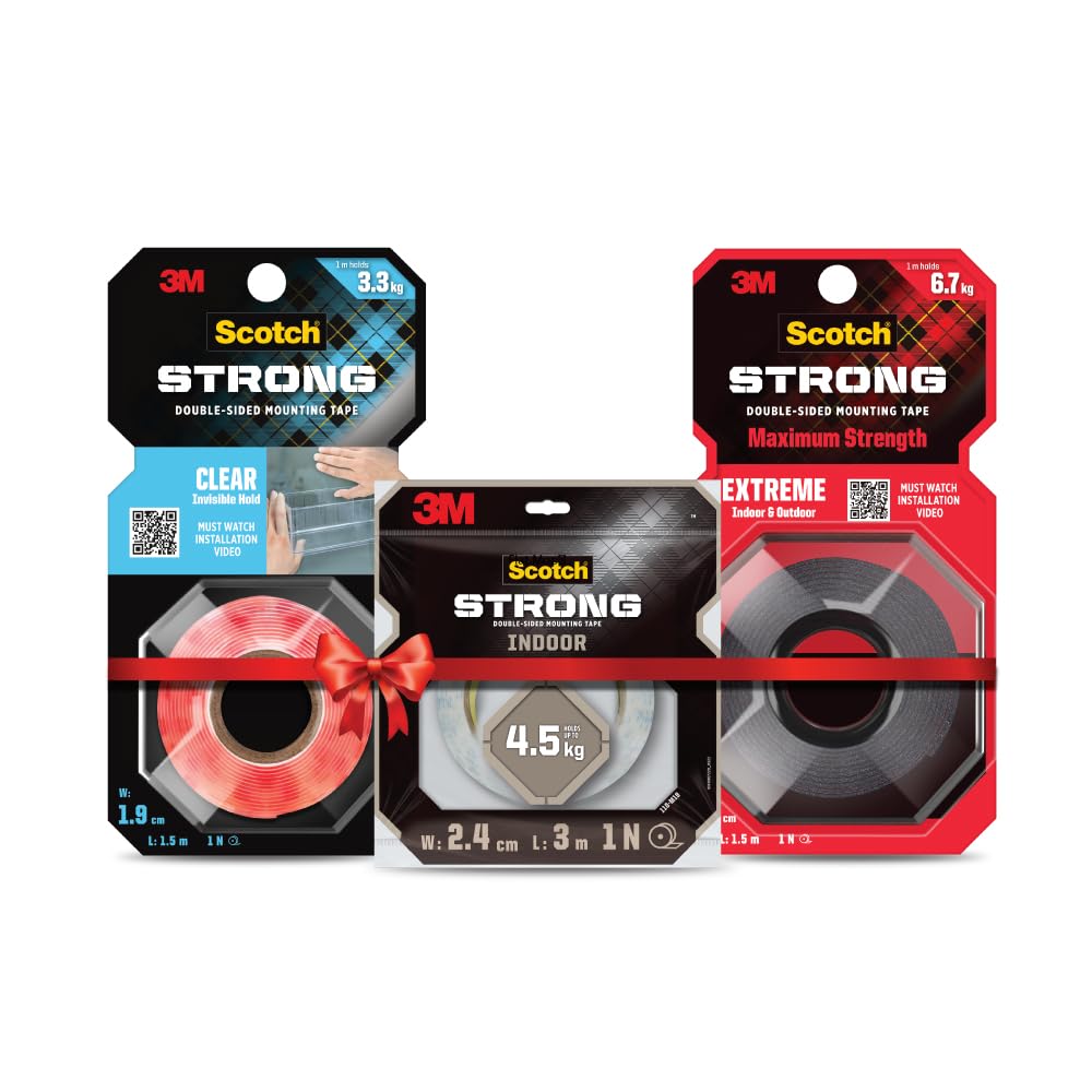 3M Scotch Double Sided Tape Combo Pack – Foam, Clear & Extreme | Heavy Duty Mounting for Extension Cords, Décor, Electronics | Strong Hold Up to 6.7Kg | Indoor/Outdoor | Works on Uneven Surfaces-image-11