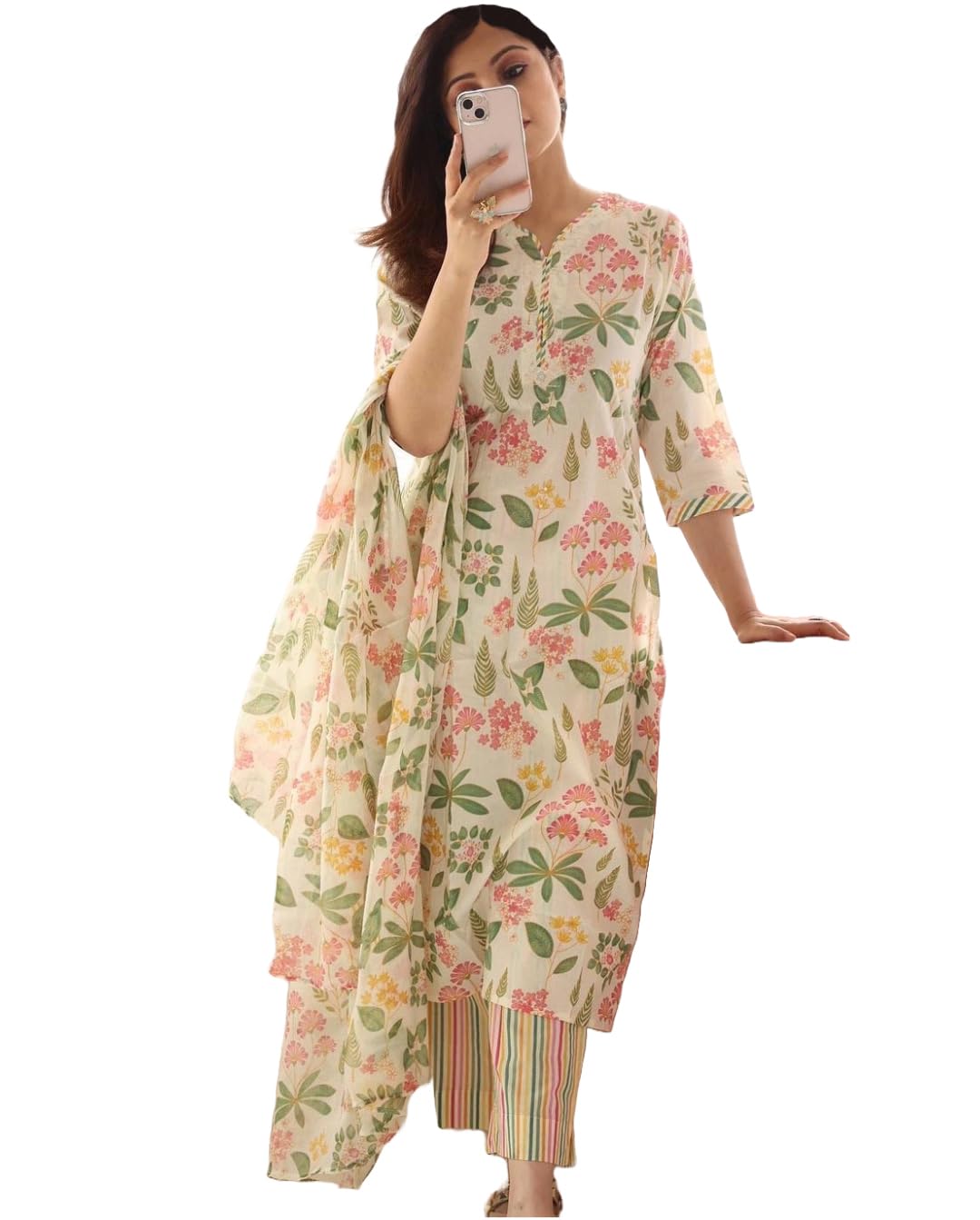 Women's Rayon Blend Straight Printed Kurta with Pant & Dupatta