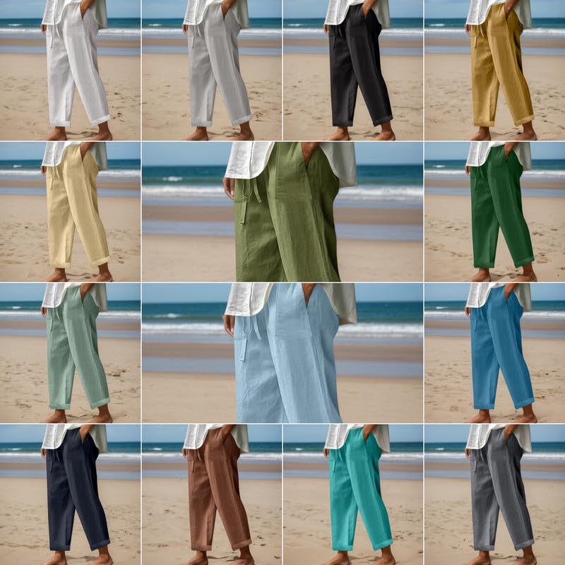 Womens Cotton Linen Wide Leg Long Pants Elastic High Waist Drawstring Lounge Pants Casual Summer Trousers with Pockets3