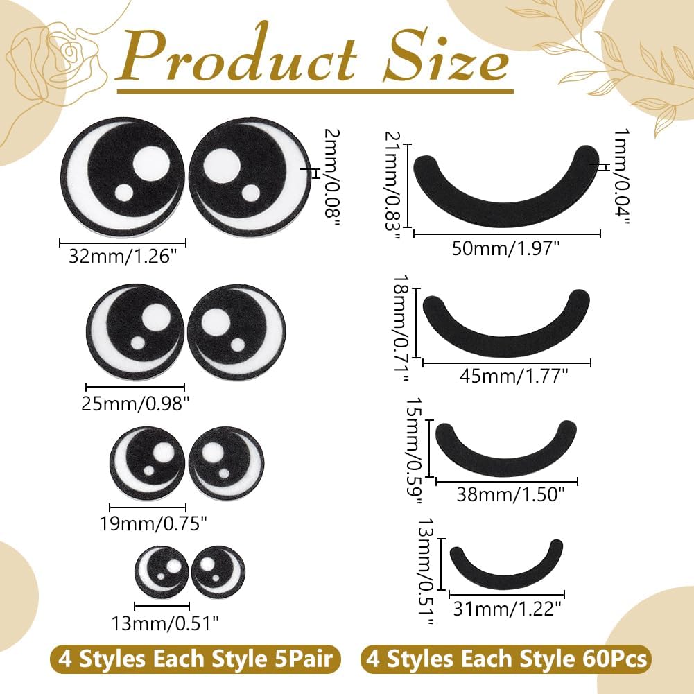 CRAFTYMELODY 20 Pairs Felt Eyes Appliques 4 Styles Black Crochet Animal Eyes Cartoon Eye Patches with 240Pcs Felt Mouth Appliques Accessories Eye Embellishment for Crochet Crafts Making