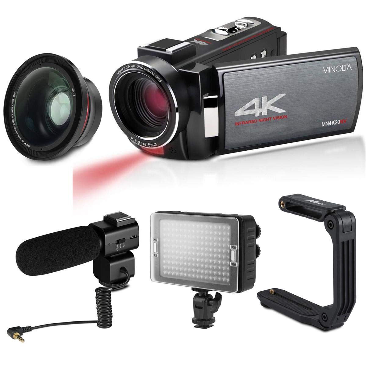 Minolta MN4K20NV 4K Ultra HD 3" Touchscreen Camcorder with Night Vision Bundle with LED Light, Microphone, Foldable Stabilizer, Macro Lens