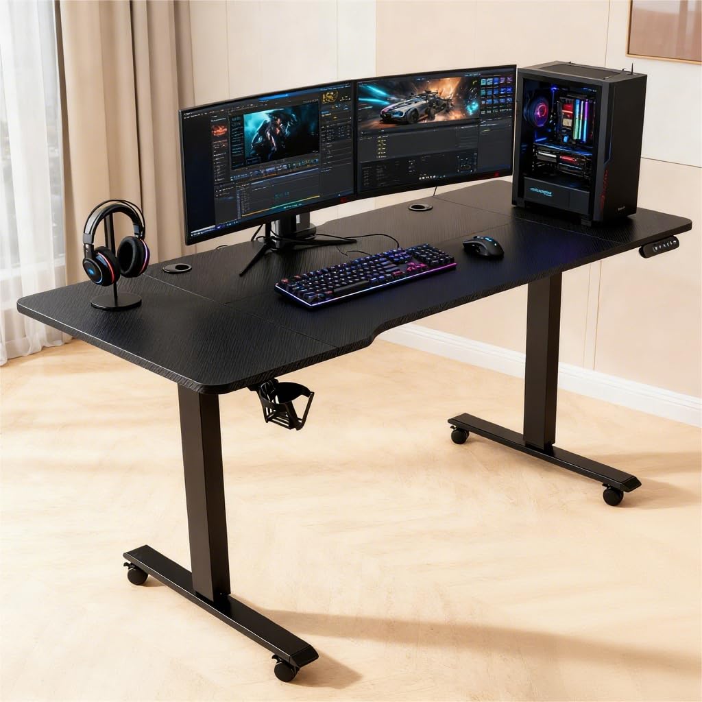 NiTHO ELGAD-L Large Gaming Desk | Electric Height Adjustable Computer Table, Carbon Fiber Surface, Cup & Headphone Holder, Cable Management, DIY Easy Assembly Big Workstation for Home Office or Gaming