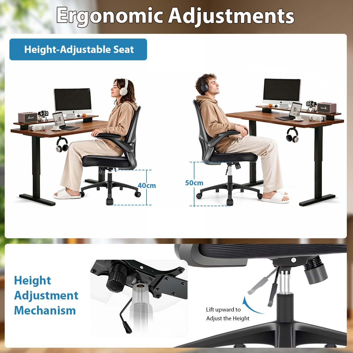 Durrafy Sedia da Ufficio Ergonomica, Braccioli Ripiegabili 90°, Supporto Lombare Regolabile, Rete Traspirante, 130° Inclinazione（Non bloccabile）, 130kg Carico