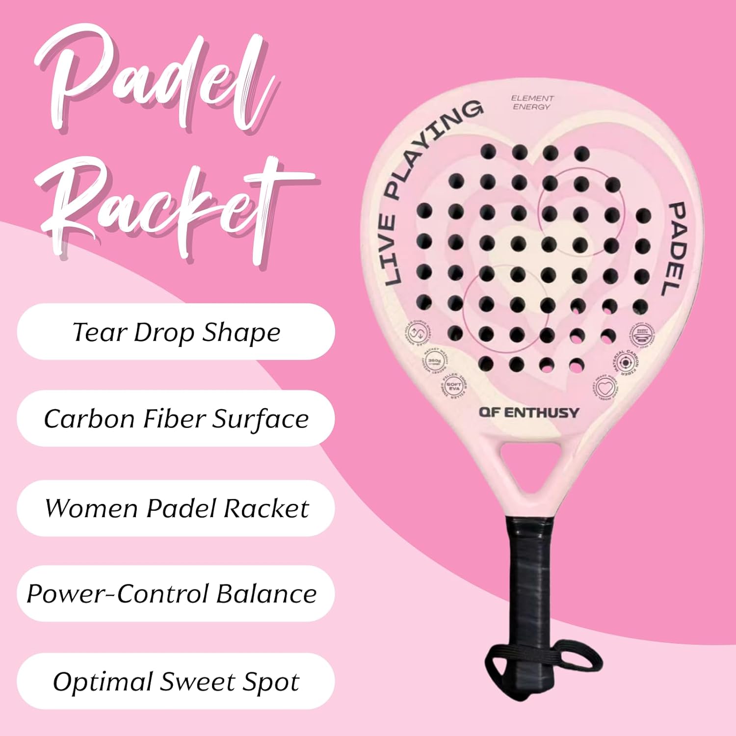 Padel Racket, Carbon Fiber Surface Padel Racquet, Lightweight, Ideal for Training/Matches