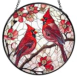 FUGWN Cardinal Bird Stained Glass Window Hanging, Red Cardinal Flower Sun Catchers Indoor Window Round Glass Wall Art Decor, Bird Suncatcher Wall Hanging Decorations, Gardening & Lawn Care