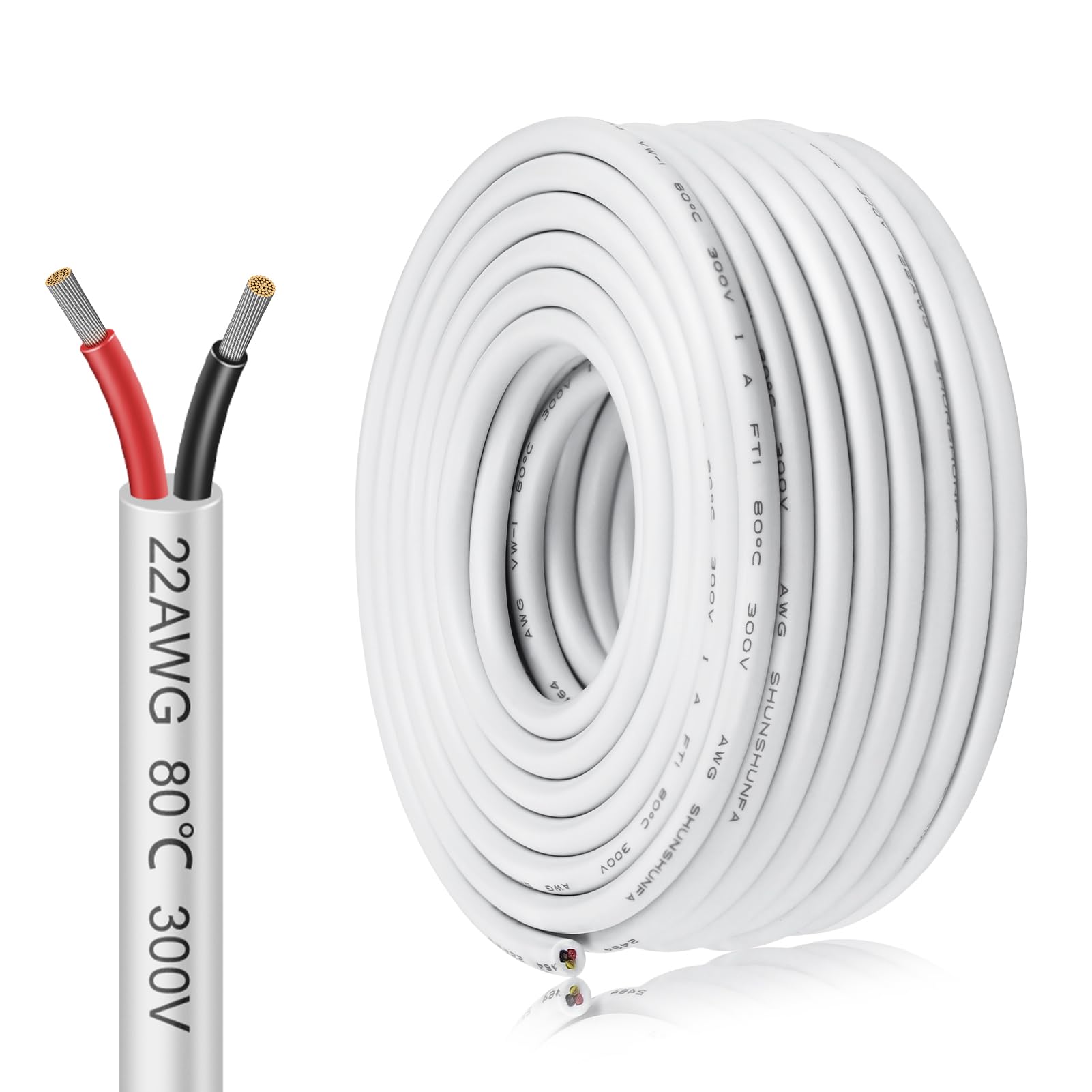 inShareplus 22AWG 2-Core 10M White Tinned Copper Wire 12V/24V/300V Flexible and Soft Outdoor High-Temp Resistant Extension Cable