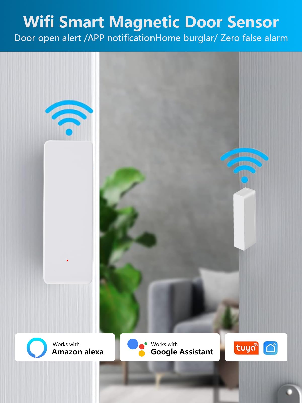 Capteur de porte WiFi, capteur de fenêtre intelligent sans fil, compatible avec Alexa et Google Assistant, notifications en temps réel, installation facile, pas de hub nécessaire