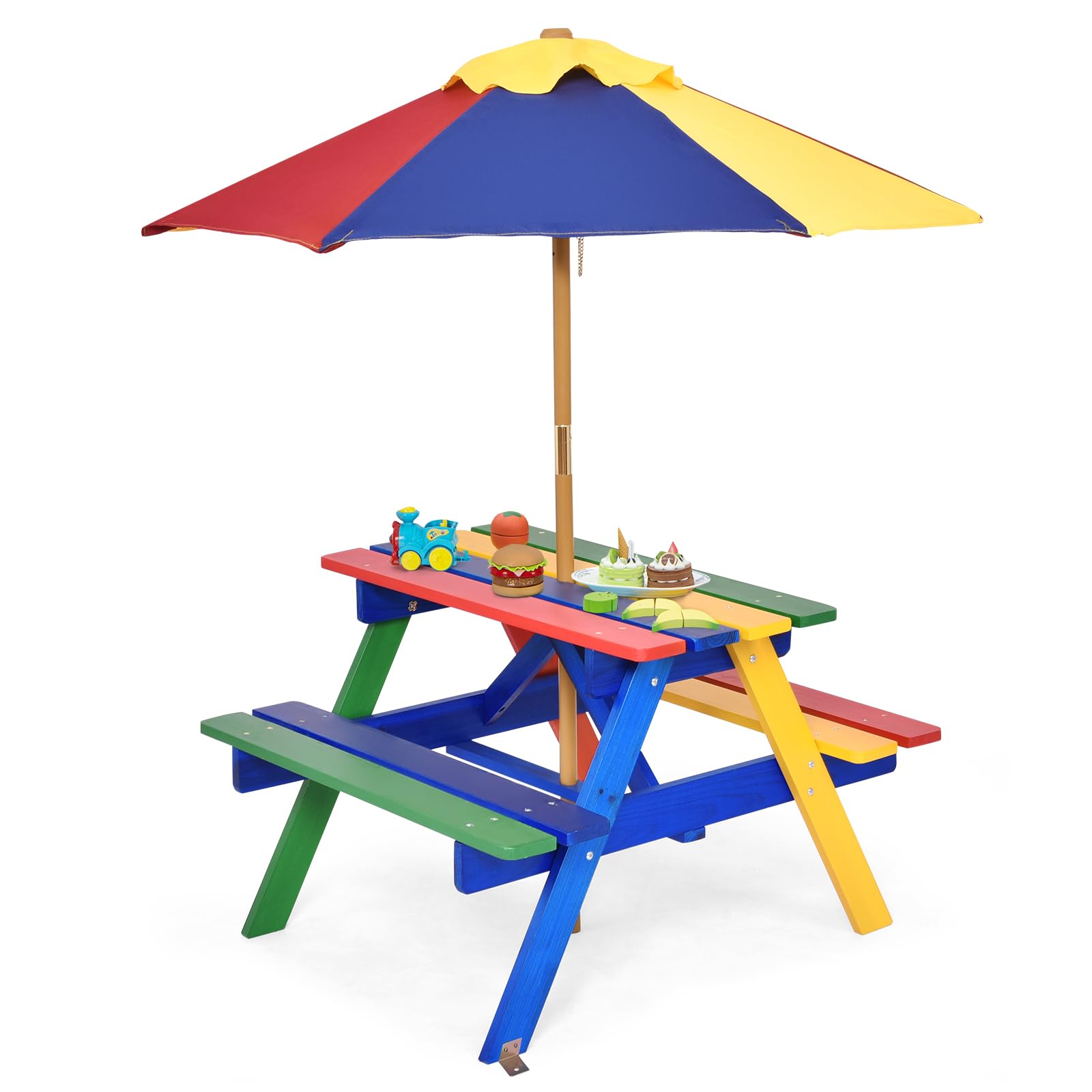 SOARS Table de Pique-Nique pour Enfants avec Parasol Réglable, Table et Bancs en Bois de Sapin pour Enfants avec Parasol, Salon de Jardin et Parc, 140 cm (Multicolore)