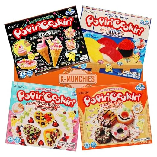K-Munchies Kracie Popin Cookin Kits - 4 Pack Assorted Japanese Candy Making Kit Bundle - Gummy Sushi, Waffle, Cake Donut DIY Candy Kit - Easy to Follow Edible Experiments for Kids - Made in Japan