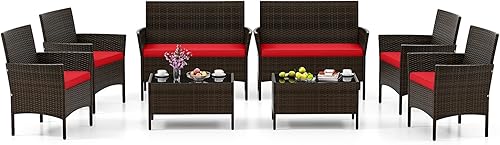 Miniatura 11 de HAPPYGRILL Juego de 4 muebles de mimbre para exteriores, juego de muebles de mimbre para patio con sillas de dos plazas y mesa de café de vidrio