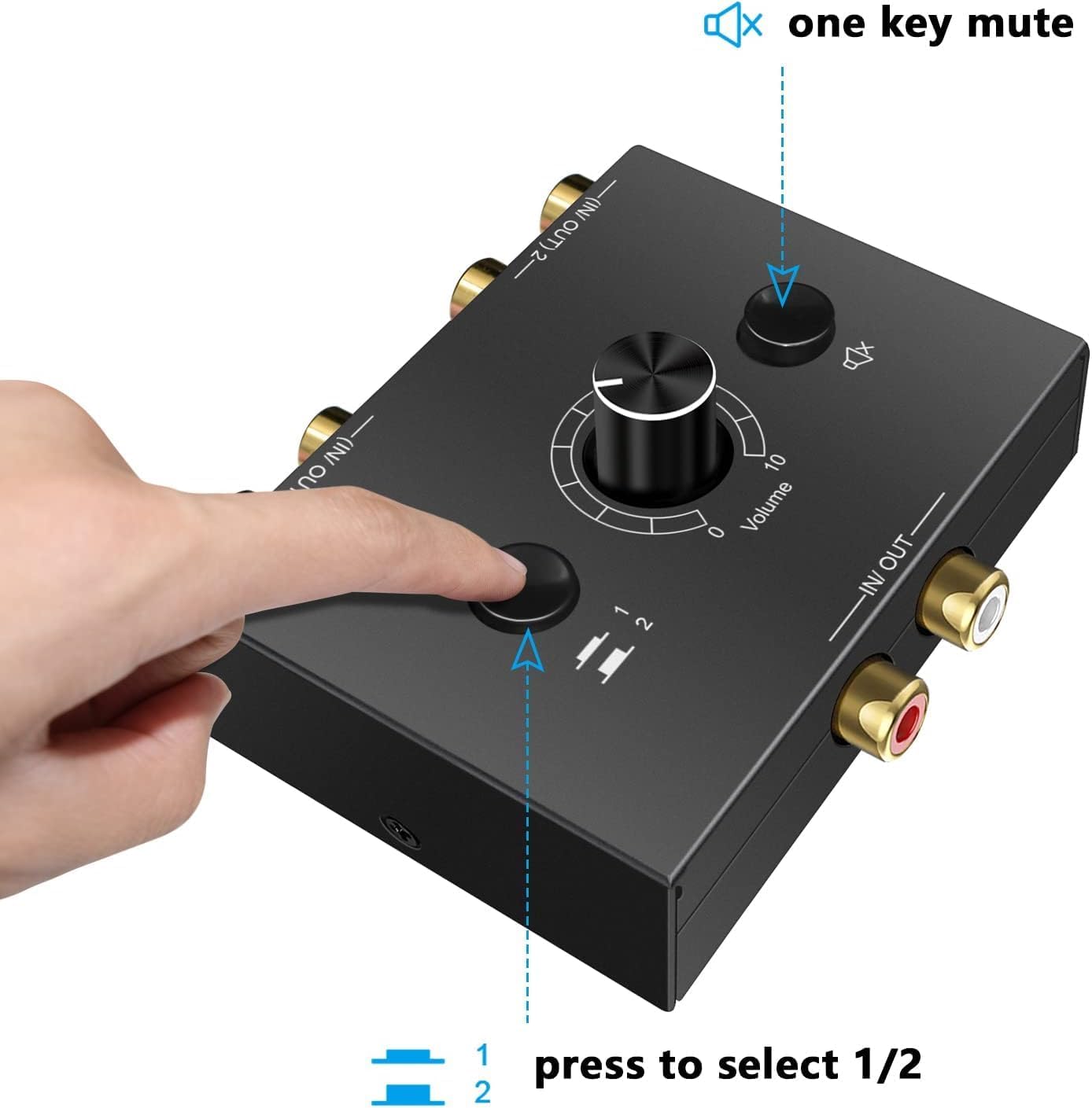 UNSTINCER RCA L/R Commutatore Audio Switch 2(1)-In-1(2)-Out, Analog Aux Interruttore Scatola con Volume, HIFI Stereo Suono Selettore Deviatore Sdoppiatore per Ampli Cuffie PC Casse Phono