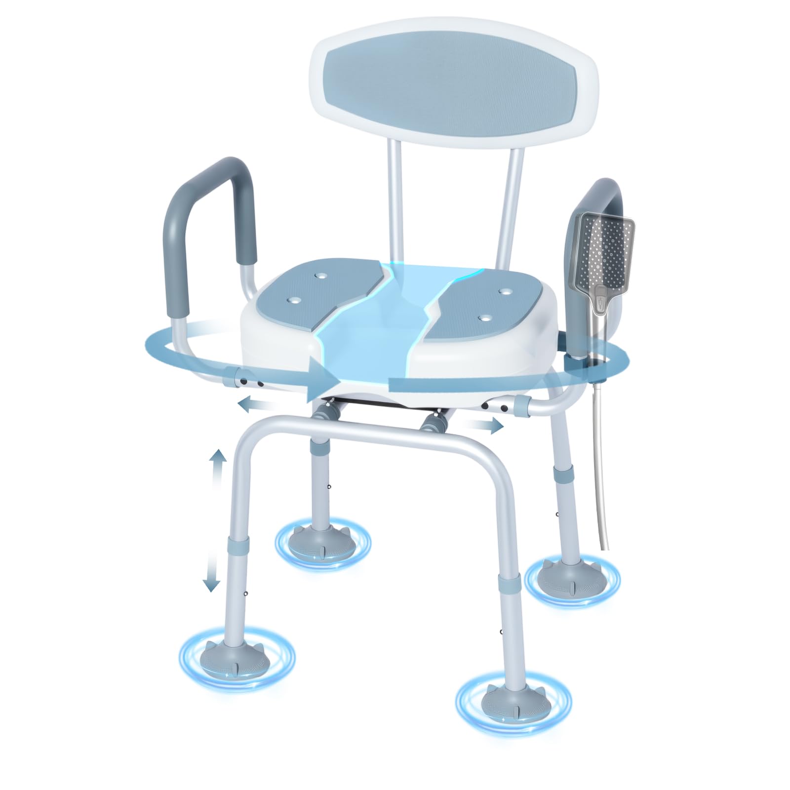 Silla de Ducha Giratoria 360°, Taburete de Ducha para Personas Mayores Altura Ajustable Asiento Ducha con Respaldo y Apoyabrazos Máx. 136kg