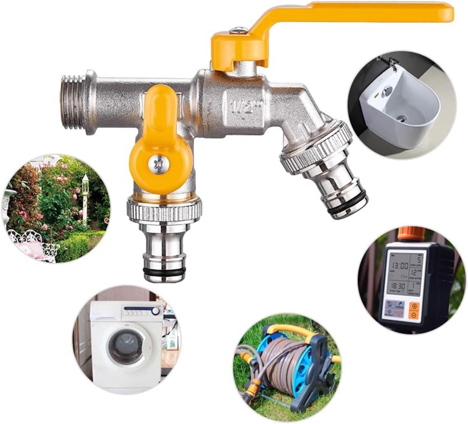 Rubinetto da Giardino A Doppia Uscita Valvola A Sfera in Ottone da 1/2 Pollice Resistente al Gelo per Irrigazione, Autolavaggio, All'aperto, Chrome Yellow