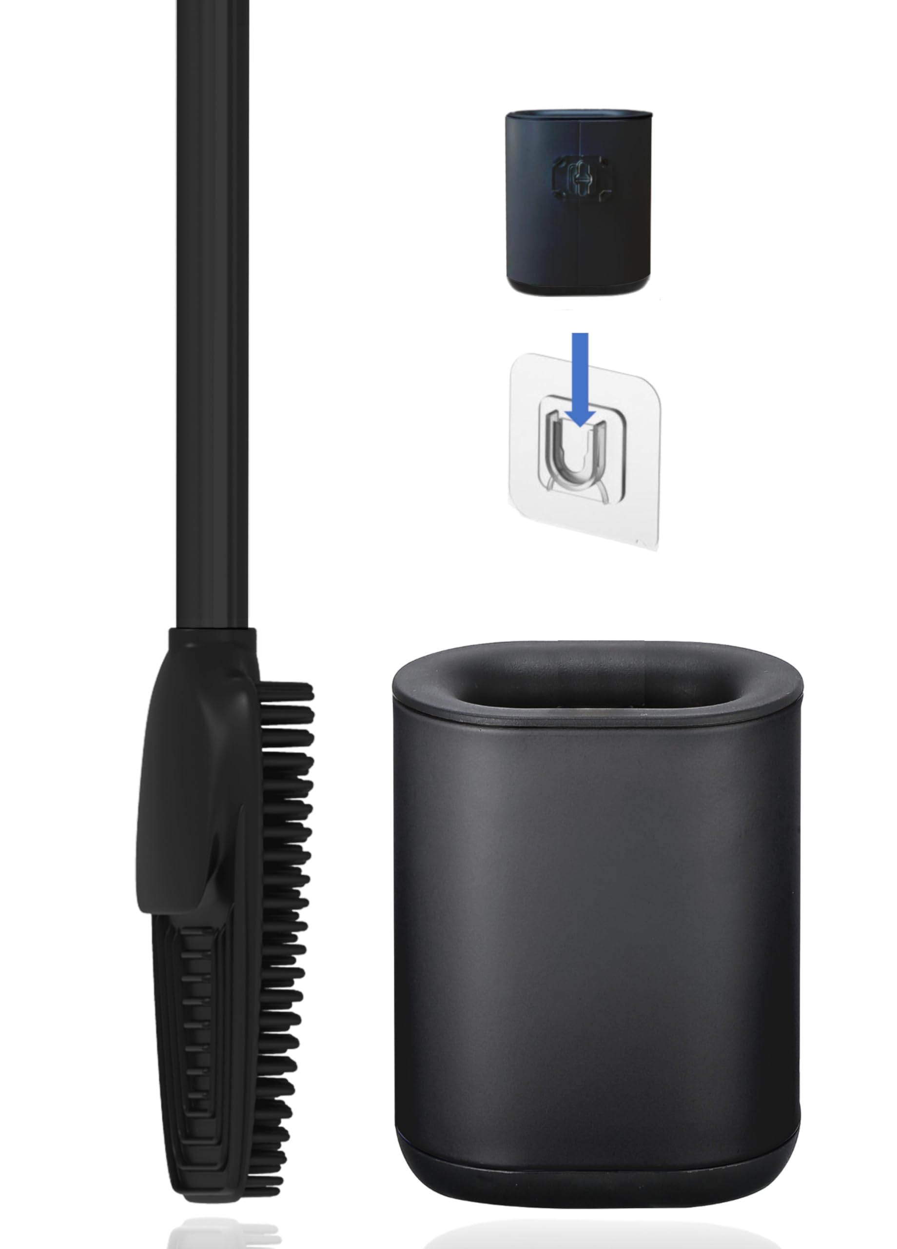 arteneur® Escobillero de Silicona 3 en 1 con Portaescobillas, Mango Largo Higiénico de Acero Inoxidable con Cuchillas y Rascador - para Baño y Aseo de Invitados (Negro)