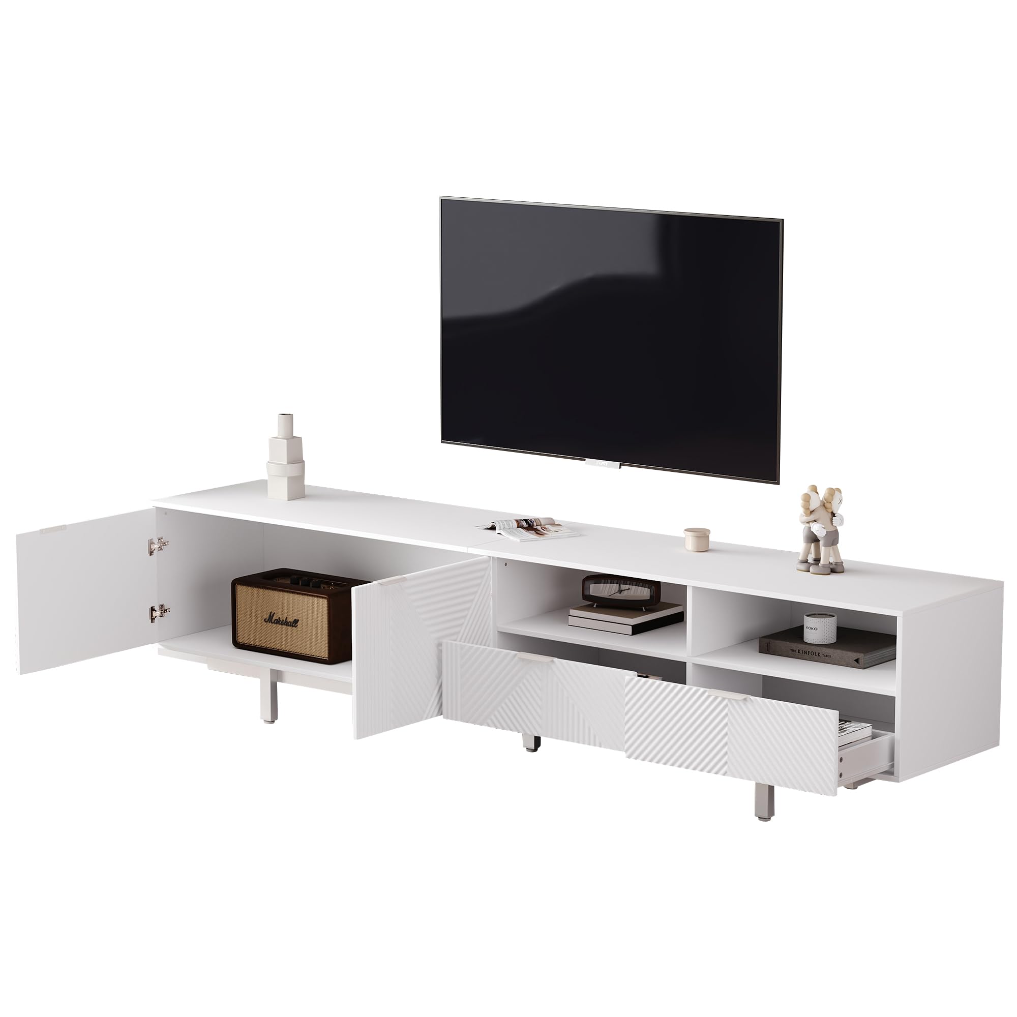 TV Lowboard 200 cm Weiß mit geometrischem Muster, TV Schrank für 90 Zoll Fernseher, modernes TV Board mit Stauraum & Türen, TV Unterschrank mit Kabelmanagement & Metallfüßen