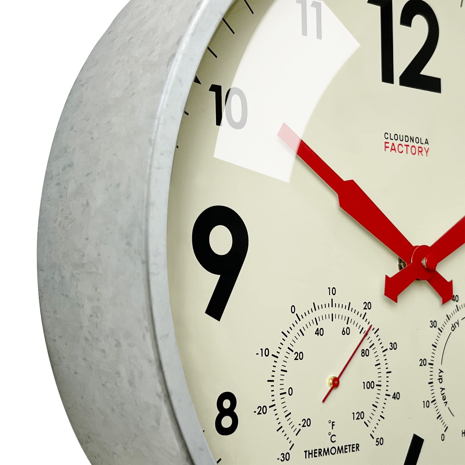 Cloudnola Horloge Murale en métal étanche avec thermomètre et hygromètre, Gris Zinc, 45,7 cm, silencieuse, sans tic-tac, Fonctionne à Piles