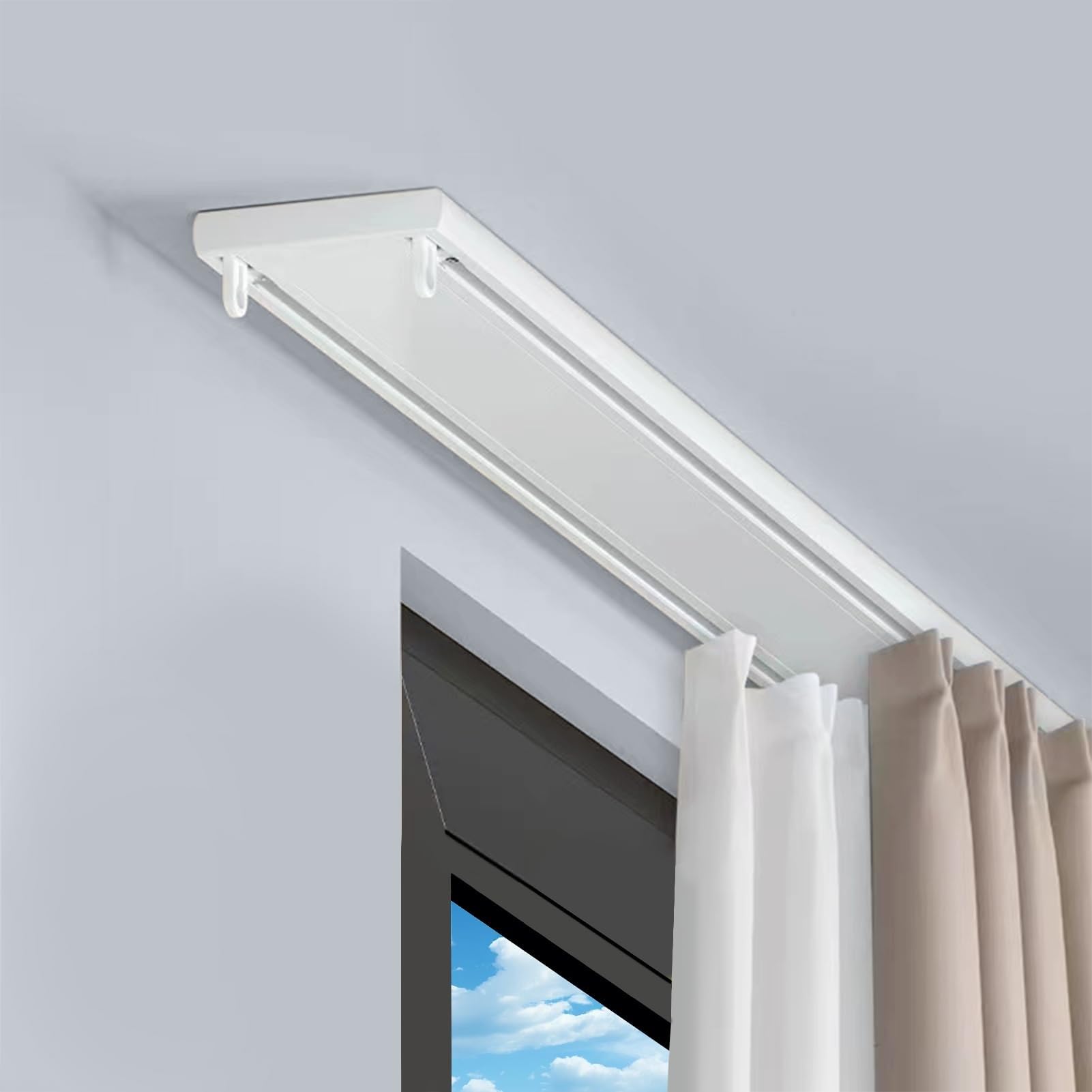 Système de rail de rideau réglable de 1 à 6 m - Double rail coulissant en blanc/noir - Parfait pour les cloisons de séparation et les plafonds lisses - Installation facile.