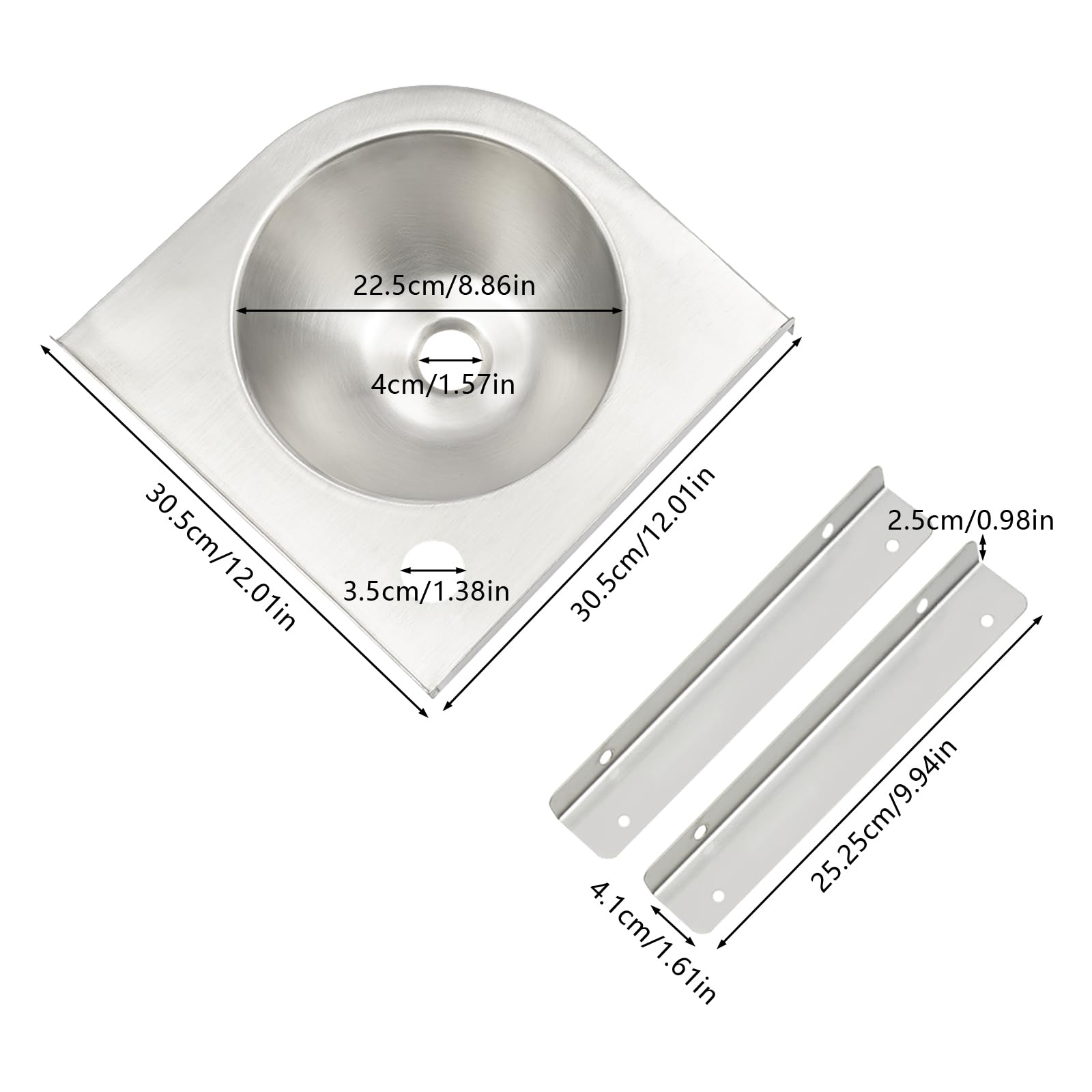 Lavabo in acciaio inox, 30,5 x 30,5 cm, lavello da parete in acciaio inox 304 da 1,2 mm, lavello angolare con scarico, staffe, senza rubinetto, per camper, bagno, cucina