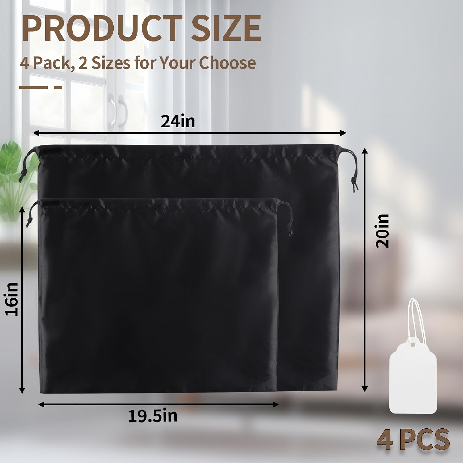 4 Pack Dust Bags for Handbags Purses, Black Silk Travel Storage Pouch